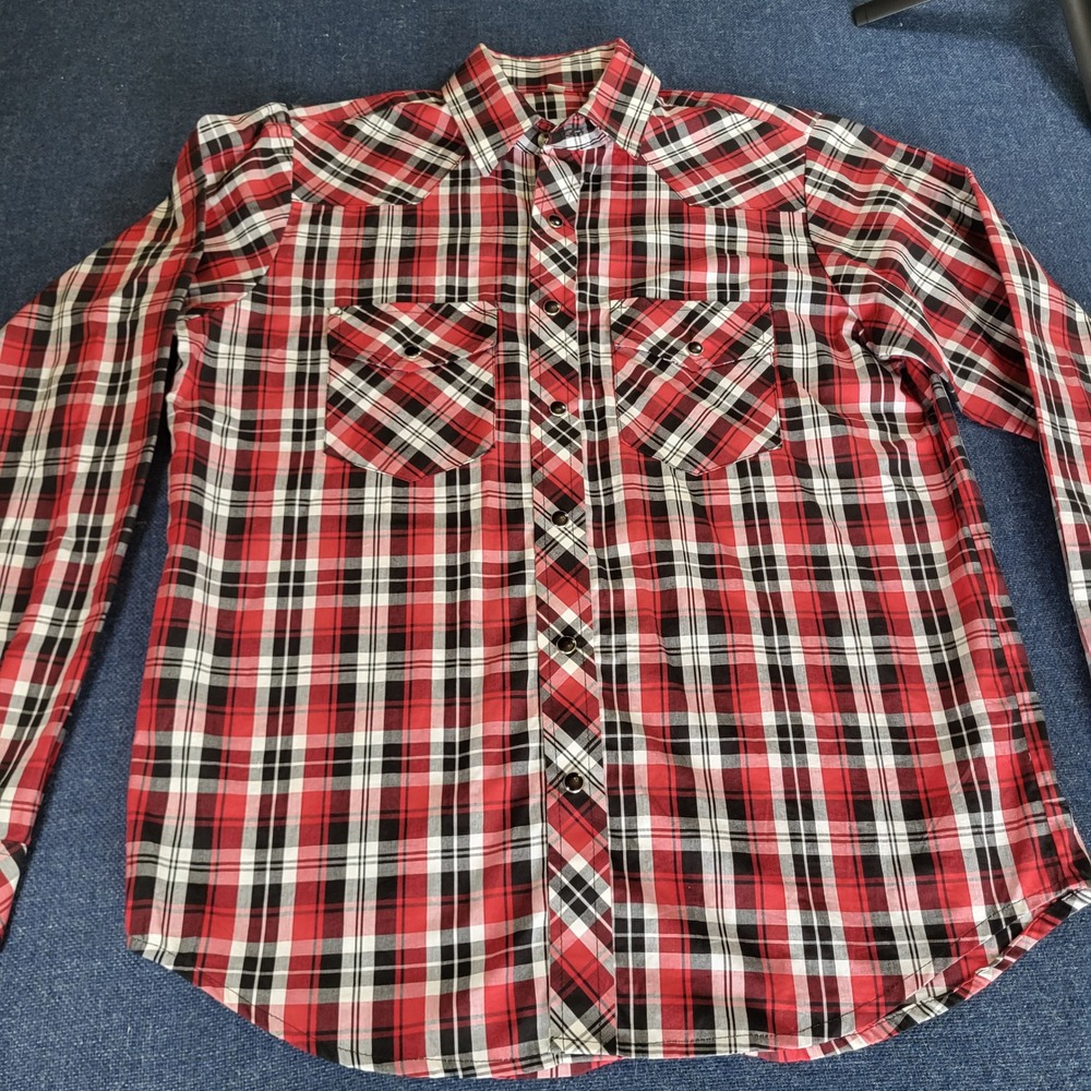 Flying Hoss Mens XL Red Black Plaid Western Snap Shirt Cotton Long Sleeve Yoke